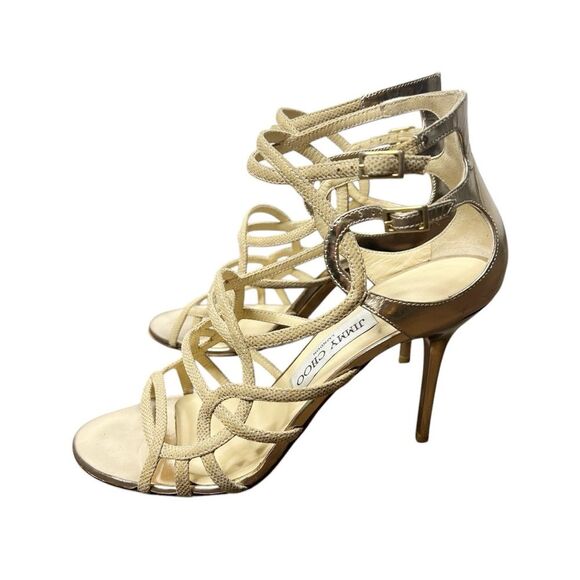 Jimmy Choo Gold Strappy Cage Heel Sandals Size 38 Stilettos - Picture 2 of 7